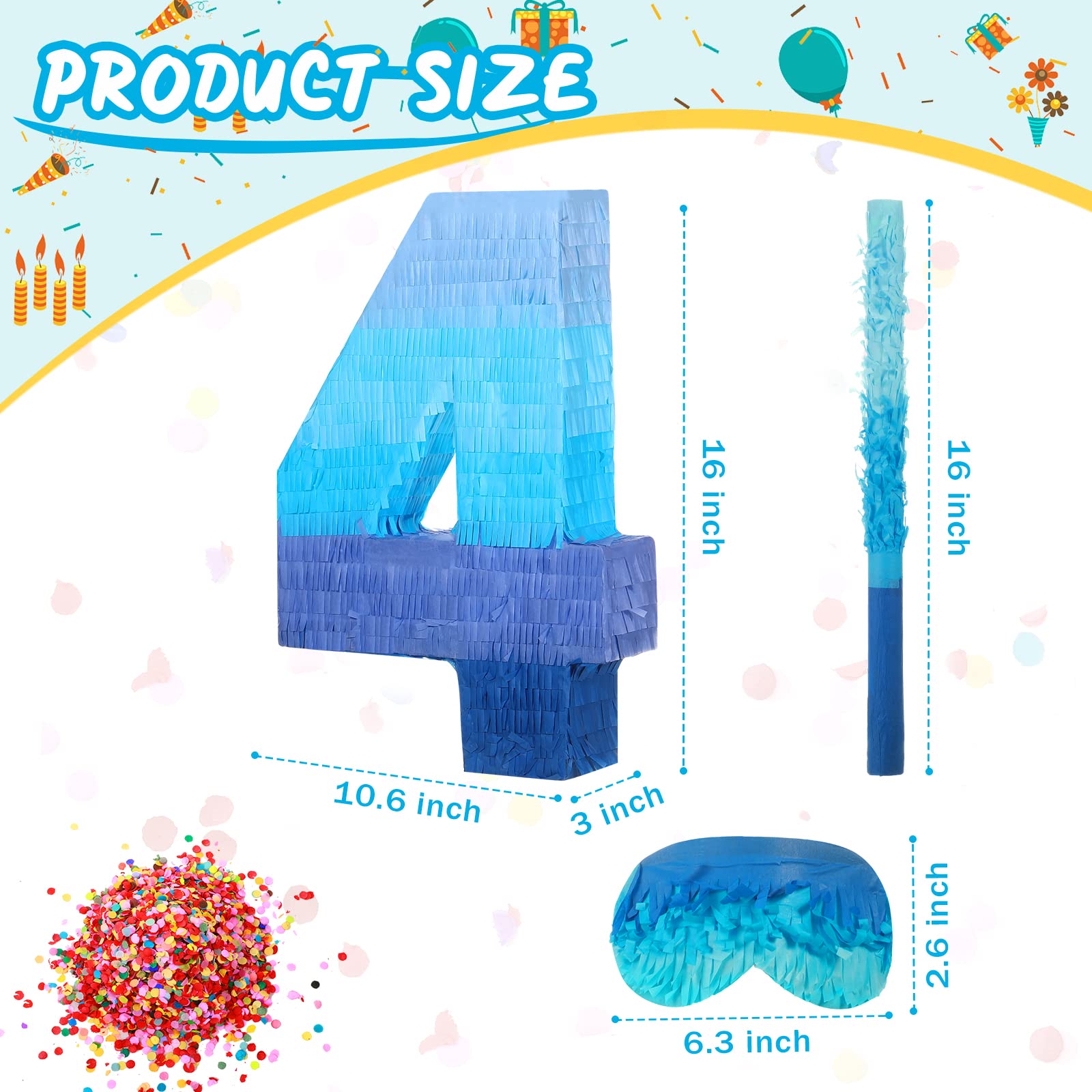 Sratte Gradient Blue Pinata Number 4 – Party Piñata with Blindfold & Stick
