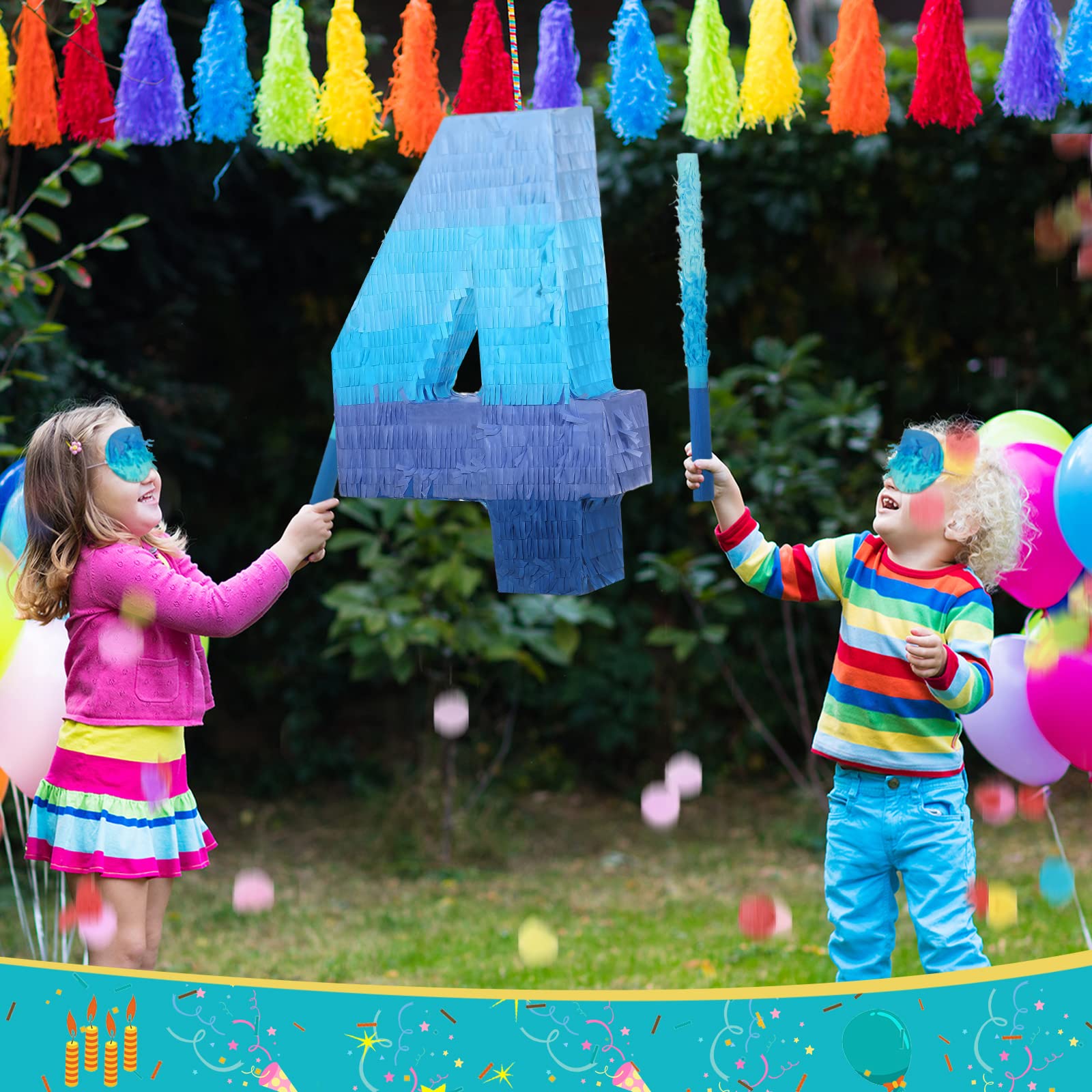 Sratte Gradient Blue Pinata Number 4 – Party Piñata with Blindfold & Stick