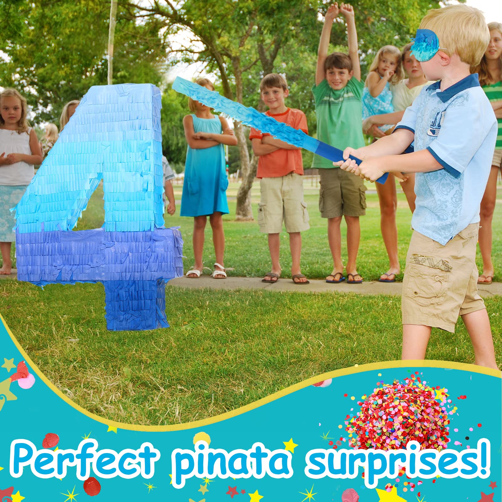 Sratte Gradient Blue Pinata Number 4 – Party Piñata with Blindfold & Stick