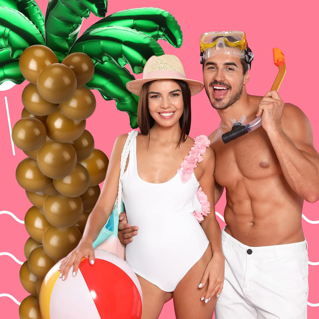 Sratte 100 Pcs Palm Tree Leaves & Coconut Balloons Set – 10 Foil Green Leaves + 90 Brown Latex for Hawaii Luau & Tropical Party