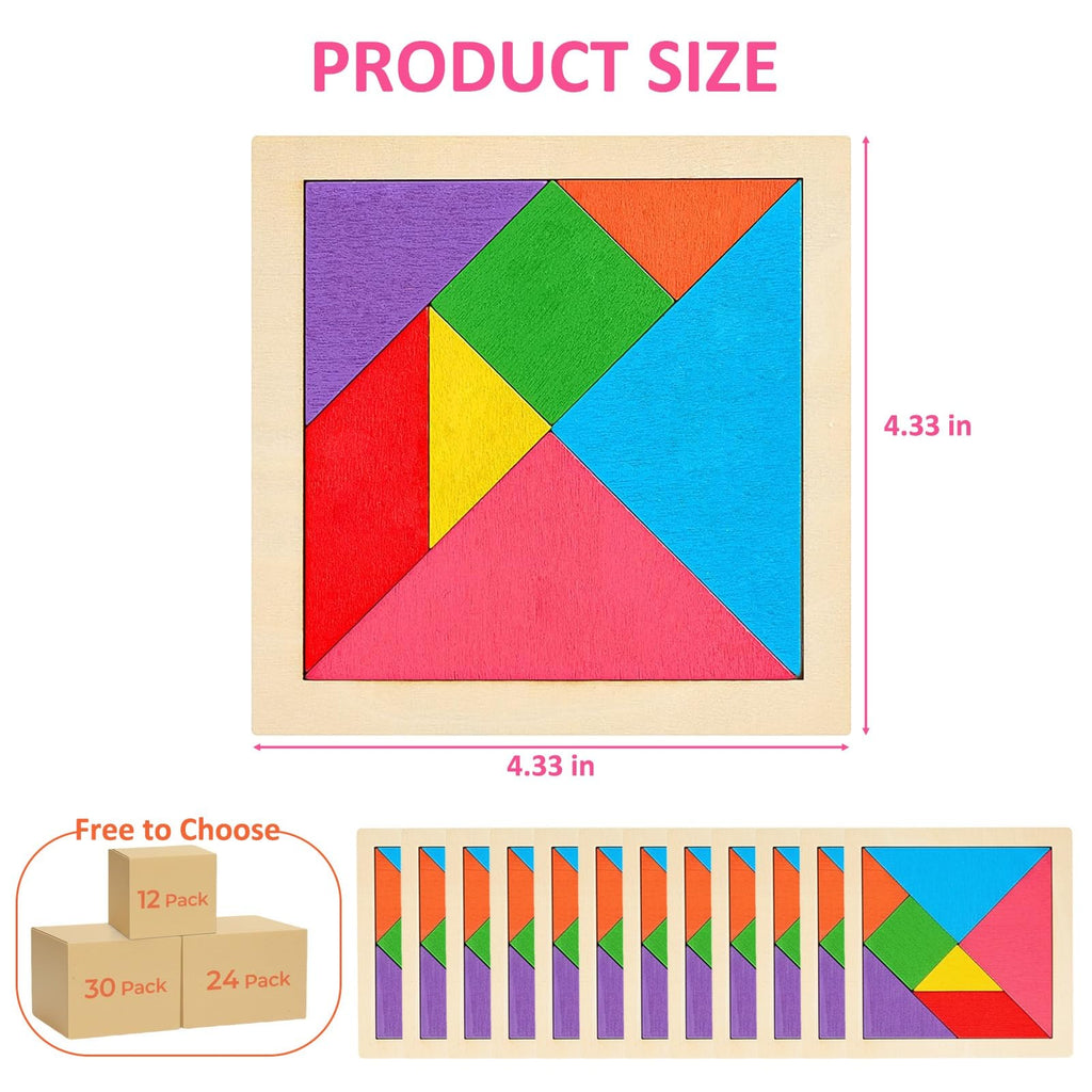 SRENJU SINU 30-Pack Tangram Puzzles — Wooden Kids Party Favors, Bulk Goodie Bags, Classroom Prizes
