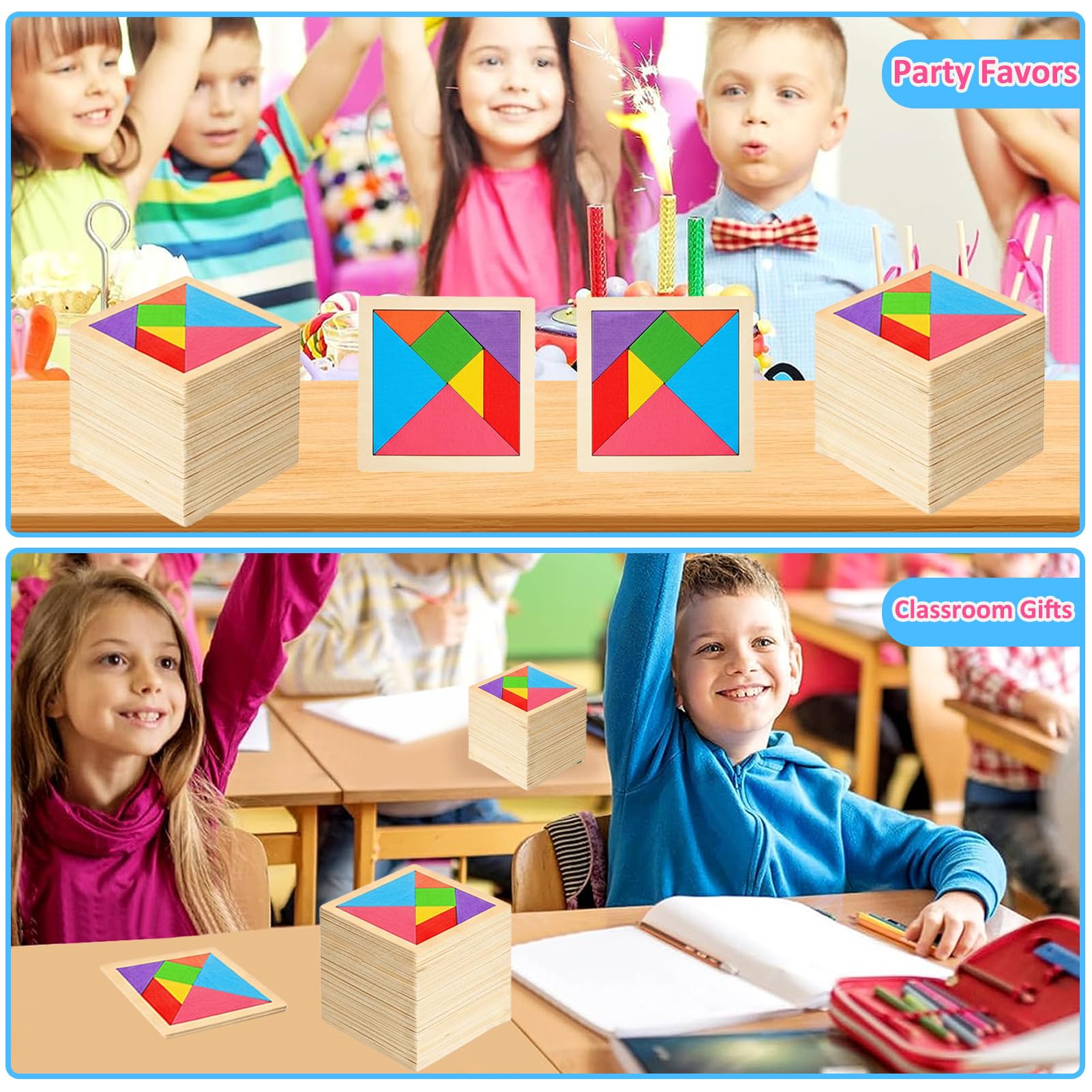 SRENJU SINU 30-Pack Tangram Puzzles — Wooden Kids Party Favors, Bulk Goodie Bags, Classroom Prizes