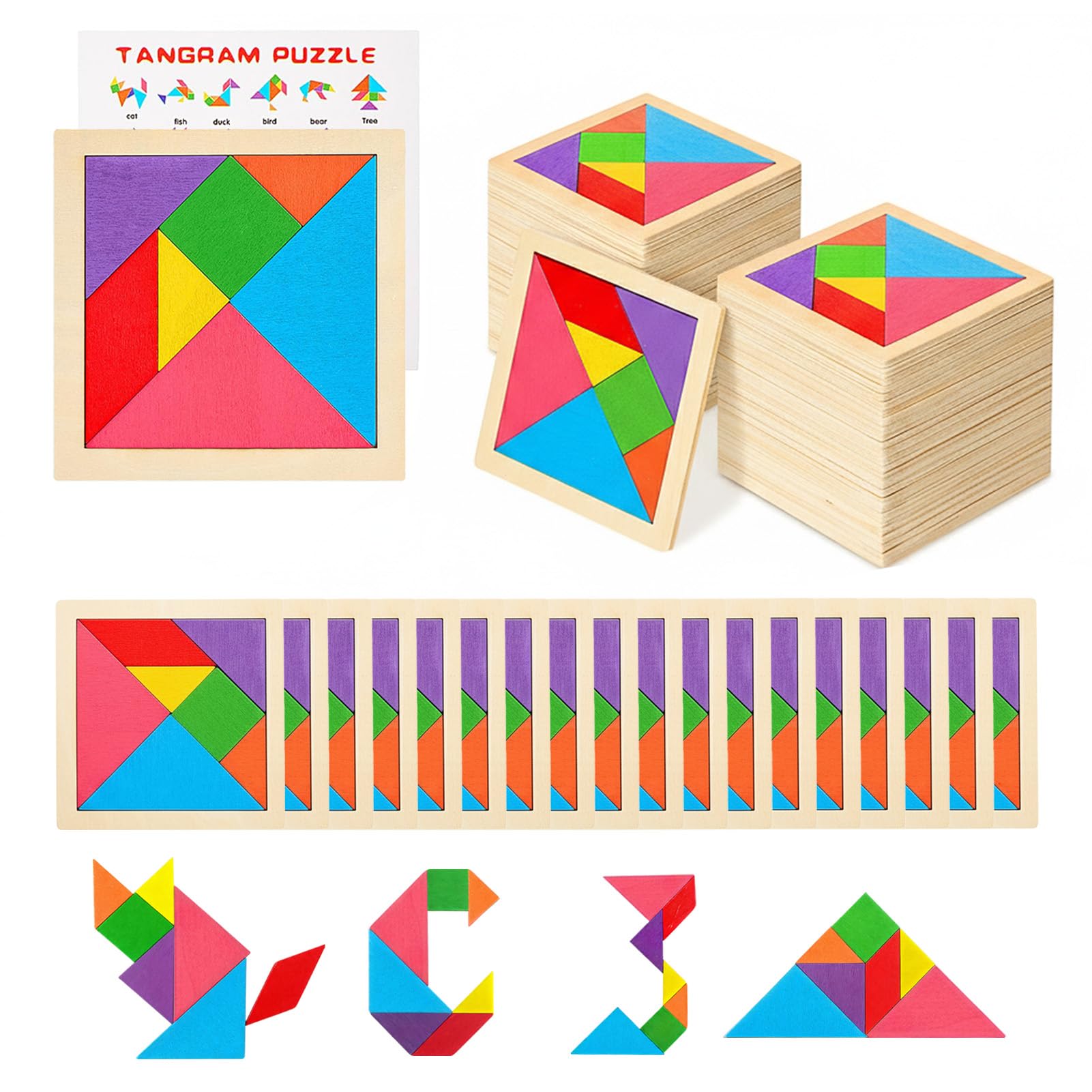 SRENJU SINU 30-Pack Tangram Puzzles — Wooden Kids Party Favors, Bulk Goodie Bags, Classroom Prizes