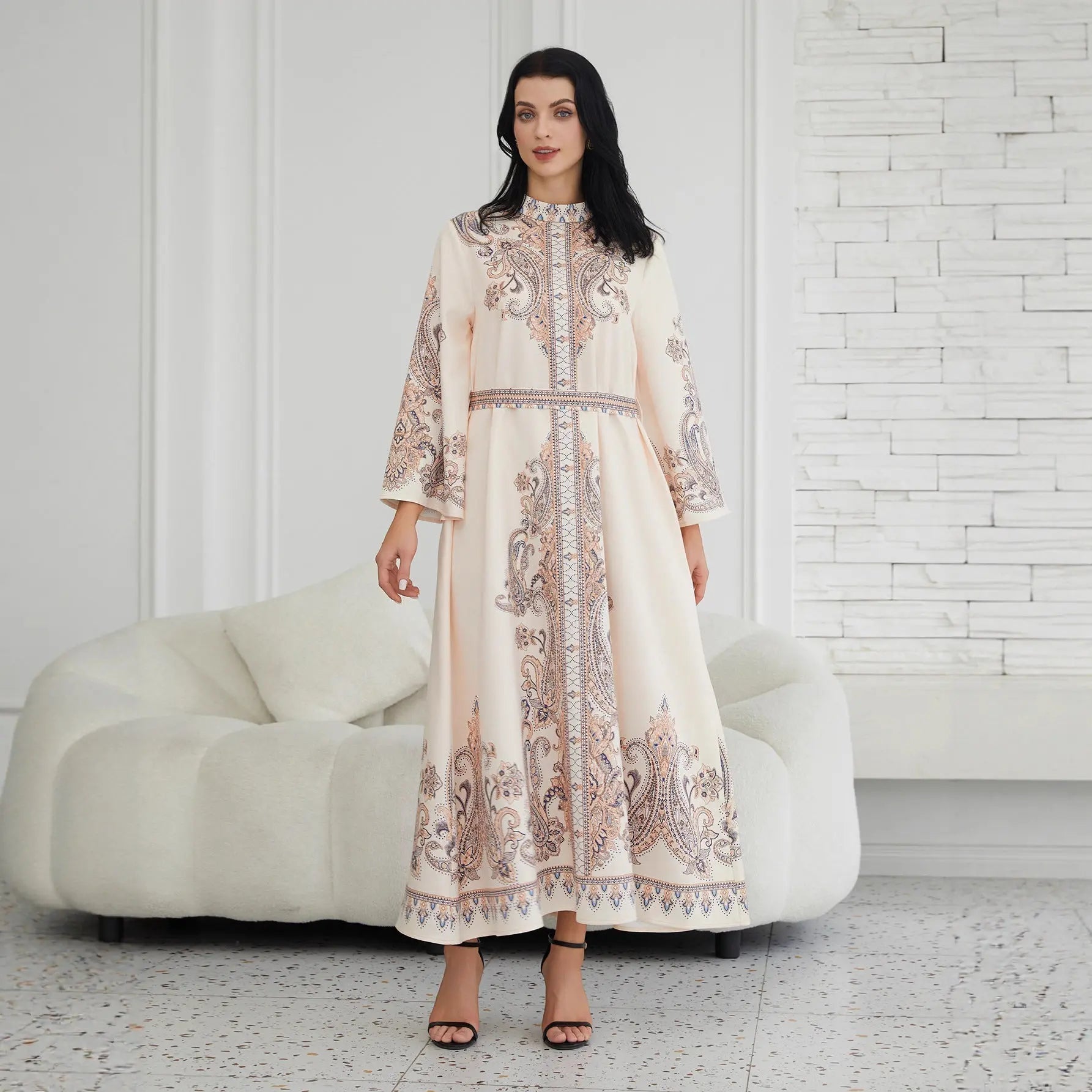 Stand Collar Printing Long Retro Muslim Dress