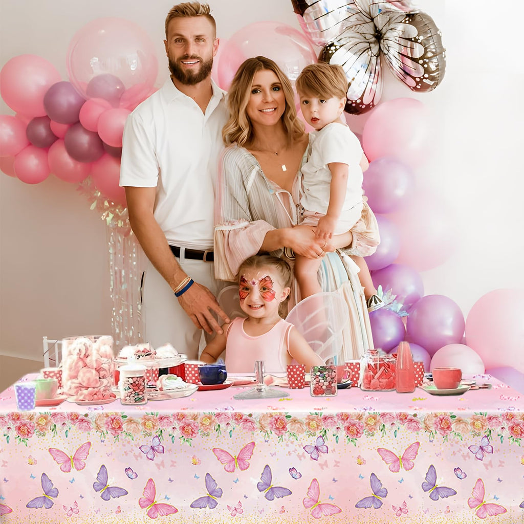 Staraise 3Pcs Butterfly Tablecloth Set – Watercolor Pink Disposable Covers for Girls Birthday Party (51.2x86.6 in)