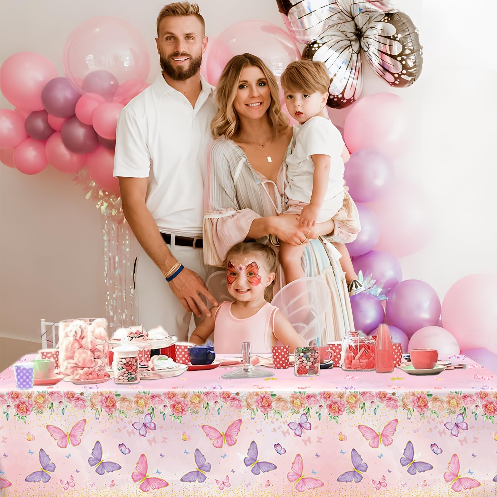 Staraise 3Pcs Butterfly Tablecloth Set – Watercolor Pink Disposable Covers for Girls Birthday Party (51.2x86.6 in)