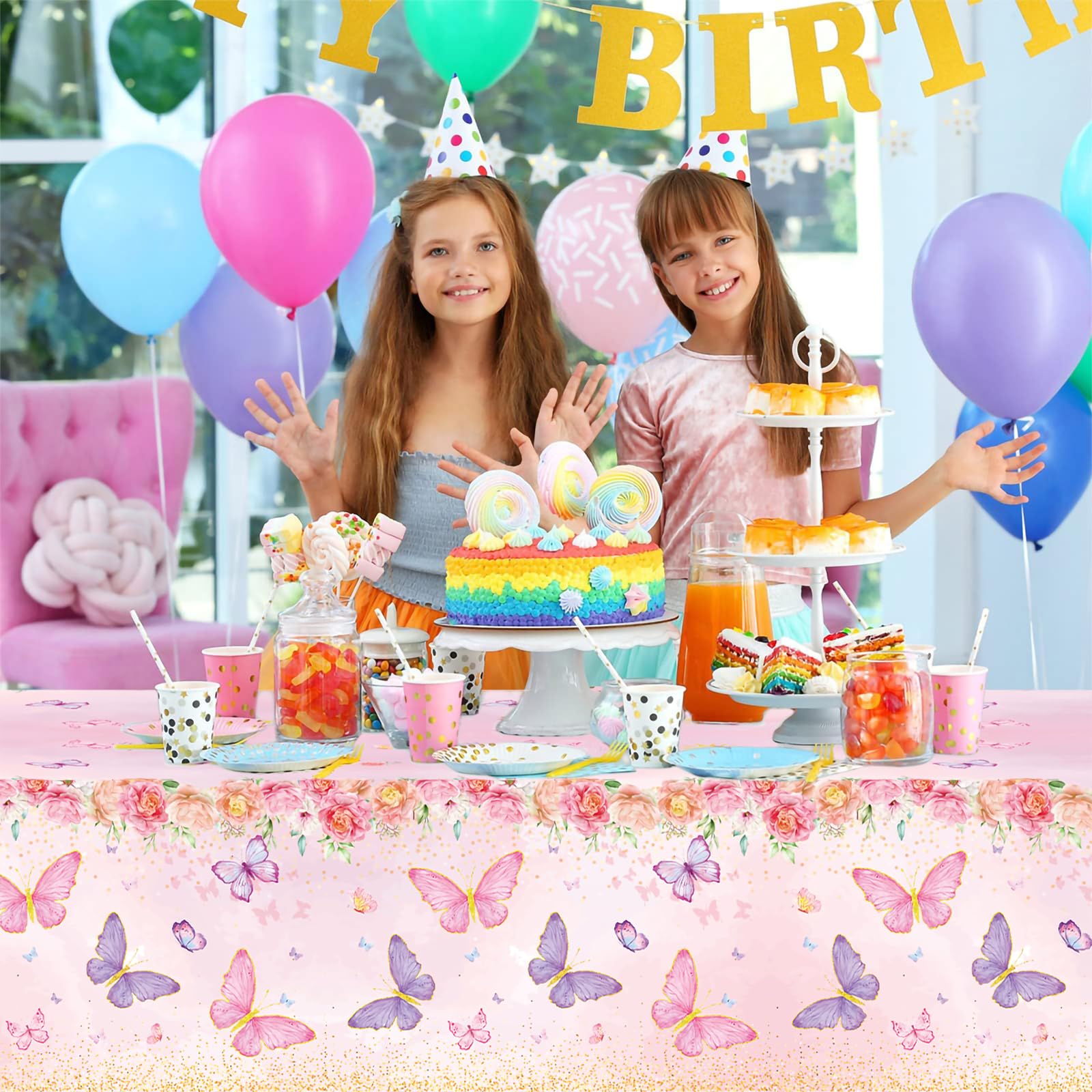 Staraise 3Pcs Butterfly Tablecloth Set – Watercolor Pink Disposable Covers for Girls Birthday Party (51.2x86.6 in)