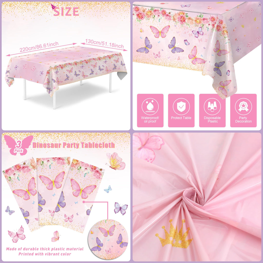 Staraise 3Pcs Butterfly Tablecloth Set – Watercolor Pink Disposable Covers for Girls Birthday Party (51.2x86.6 in)