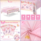 Staraise 3Pcs Butterfly Tablecloth Set – Watercolor Pink Disposable Covers for Girls Birthday Party (51.2x86.6 in)