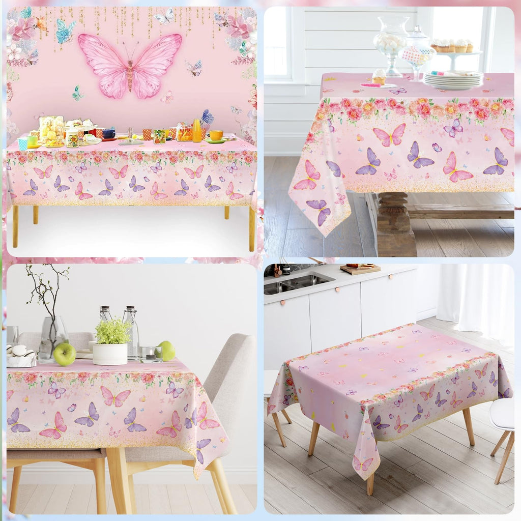 Staraise 3Pcs Butterfly Tablecloth Set – Watercolor Pink Disposable Covers for Girls Birthday Party (51.2x86.6 in)