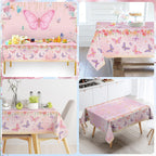 Staraise 3Pcs Butterfly Tablecloth Set – Watercolor Pink Disposable Covers for Girls Birthday Party (51.2x86.6 in)