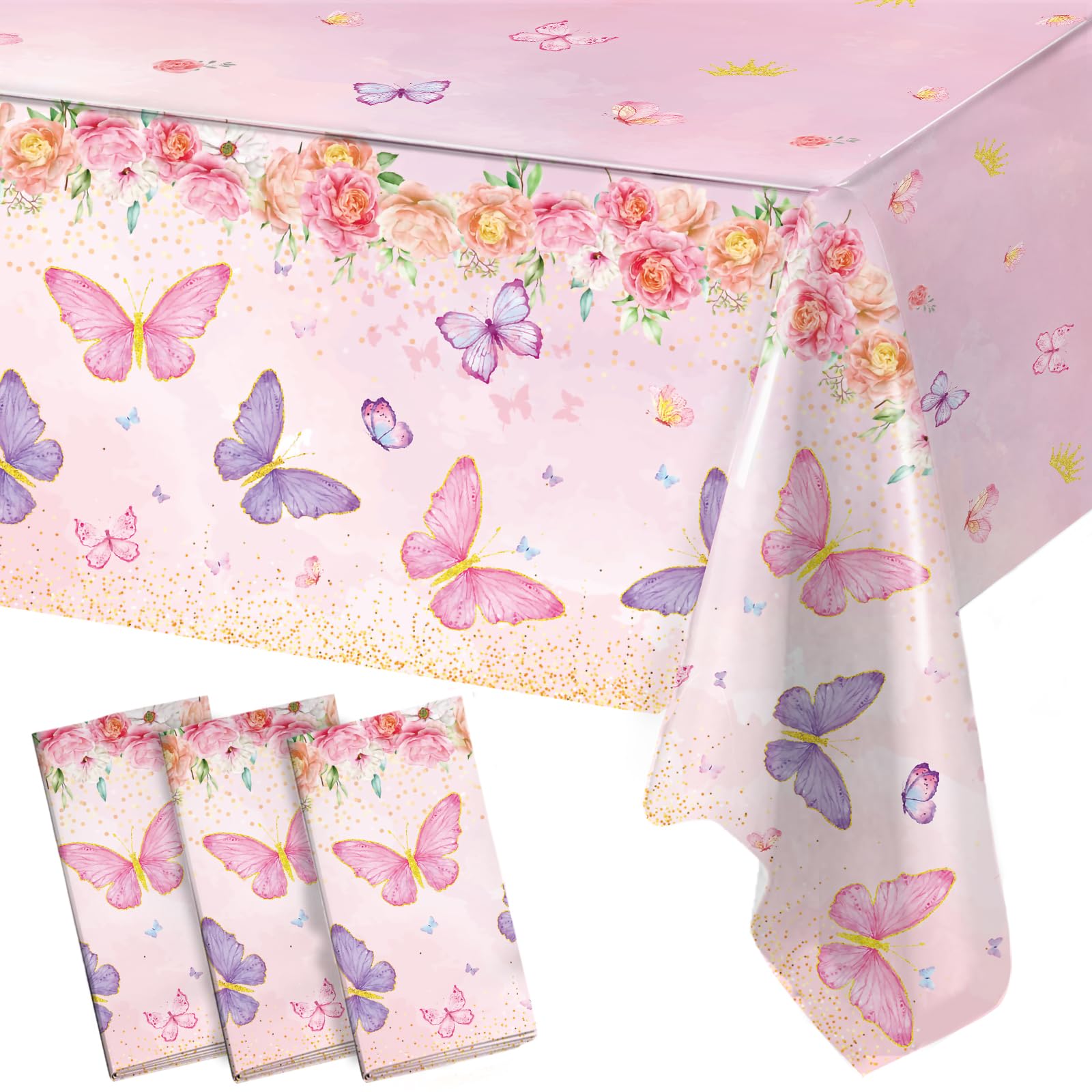 Staraise 3Pcs Butterfly Tablecloth Set – Watercolor Pink Disposable Covers for Girls Birthday Party (51.2x86.6 in)
