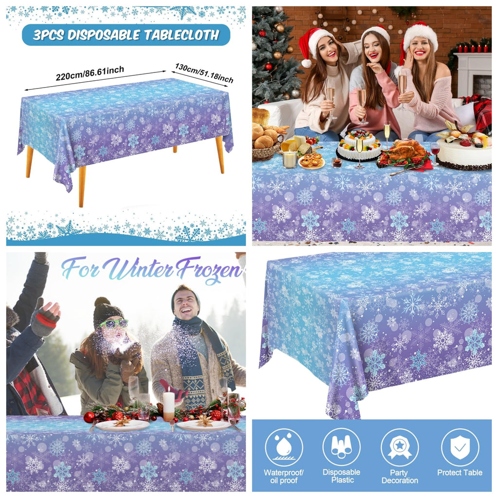 Staraise 3PCS Winter Frozen Tablecloth Decorations – Blue Purple Snowflake, PE, 51.2x86.6 in