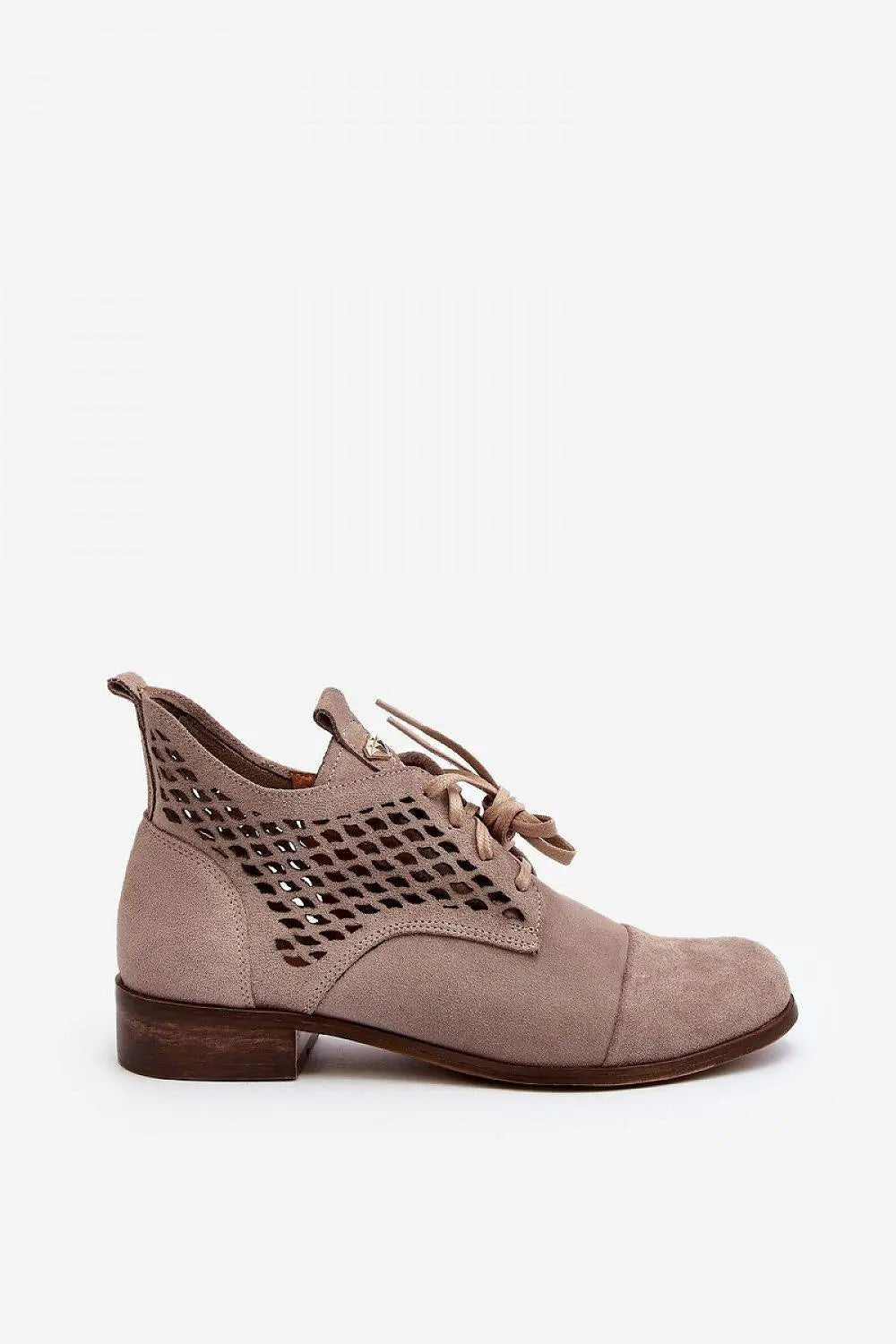 Step in style Women's natural suede boots with a low, openwork.