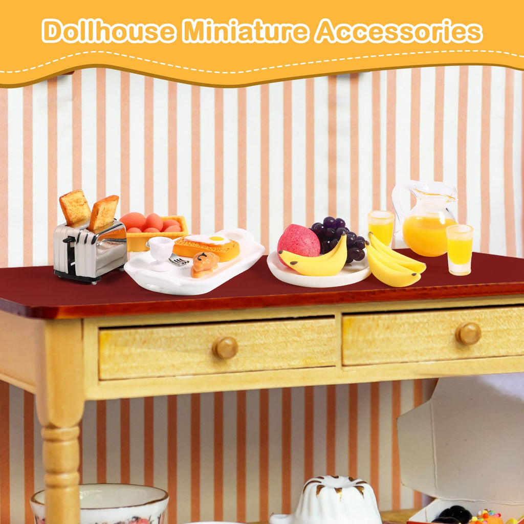 Suilung 44-Piece Dollhouse Breakfast Set – 1:12 Scale Mini Toast Machine, Juices, Eggs, Plates & Cutlery