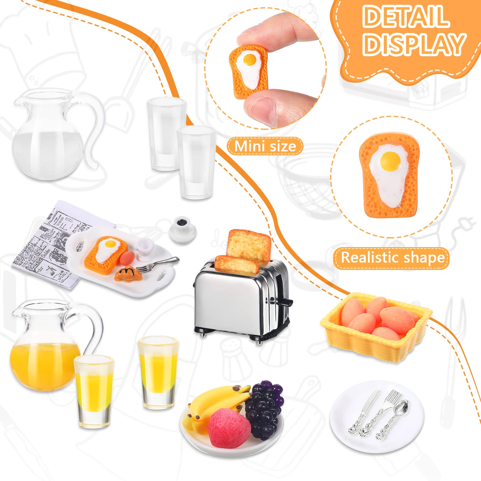 Suilung 44-Piece Dollhouse Breakfast Set – 1:12 Scale Mini Toast Machine, Juices, Eggs, Plates & Cutlery