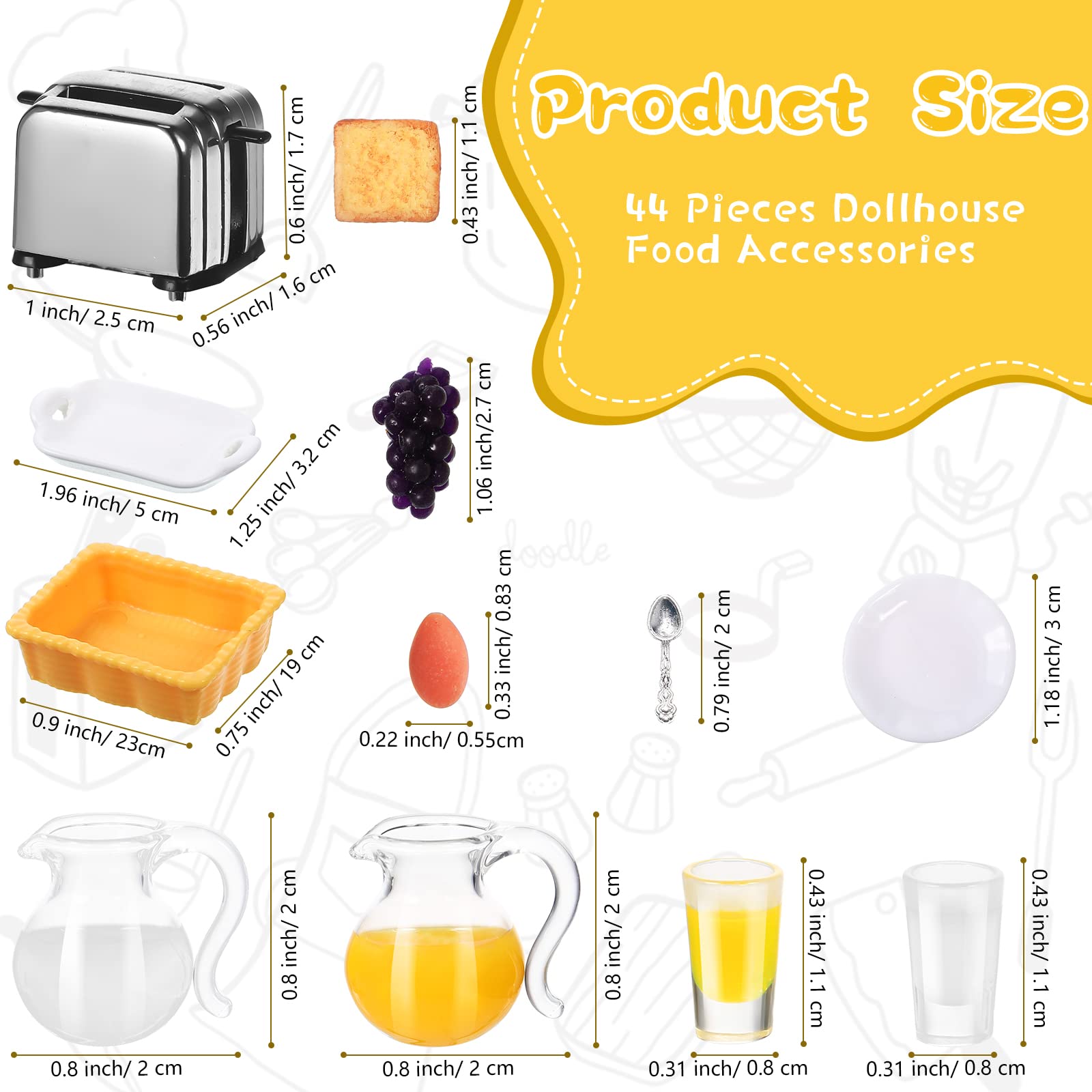 Suilung 44-Piece Dollhouse Breakfast Set – 1:12 Scale Mini Toast Machine, Juices, Eggs, Plates & Cutlery