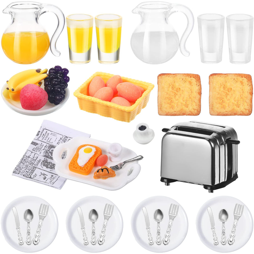 Suilung 44-Piece Dollhouse Breakfast Set – 1:12 Scale Mini Toast Machine, Juices, Eggs, Plates & Cutlery