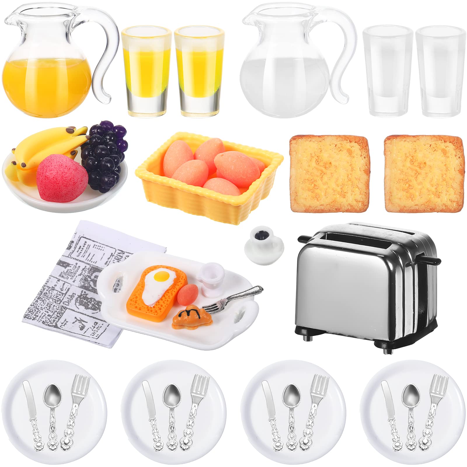 Suilung 44-Piece Dollhouse Breakfast Set – 1:12 Scale Mini Toast Machine, Juices, Eggs, Plates & Cutlery