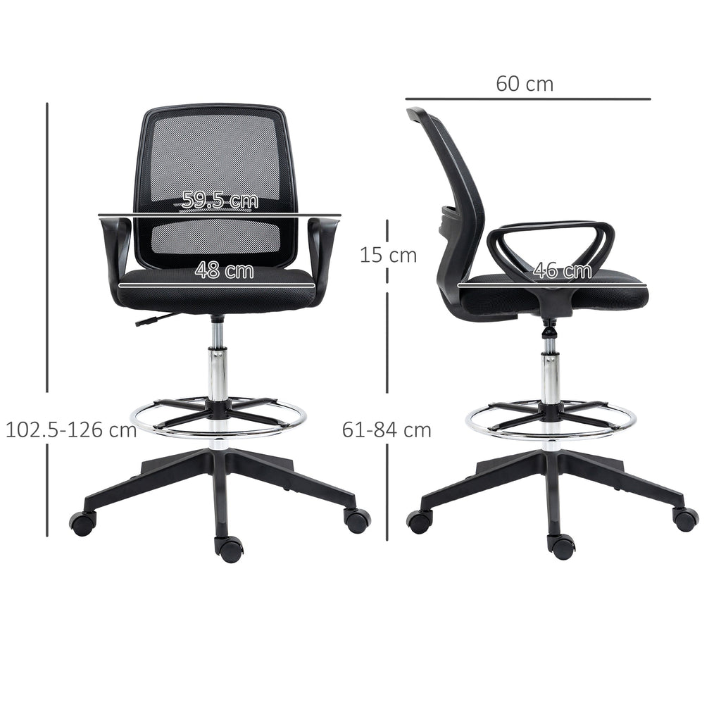 Vinsetto Ergonomic Mesh Back Drafting Chair, Tall Office Chair, Draughtsman Chair with Adjustable Height and Footrest 360° Swivel, Black