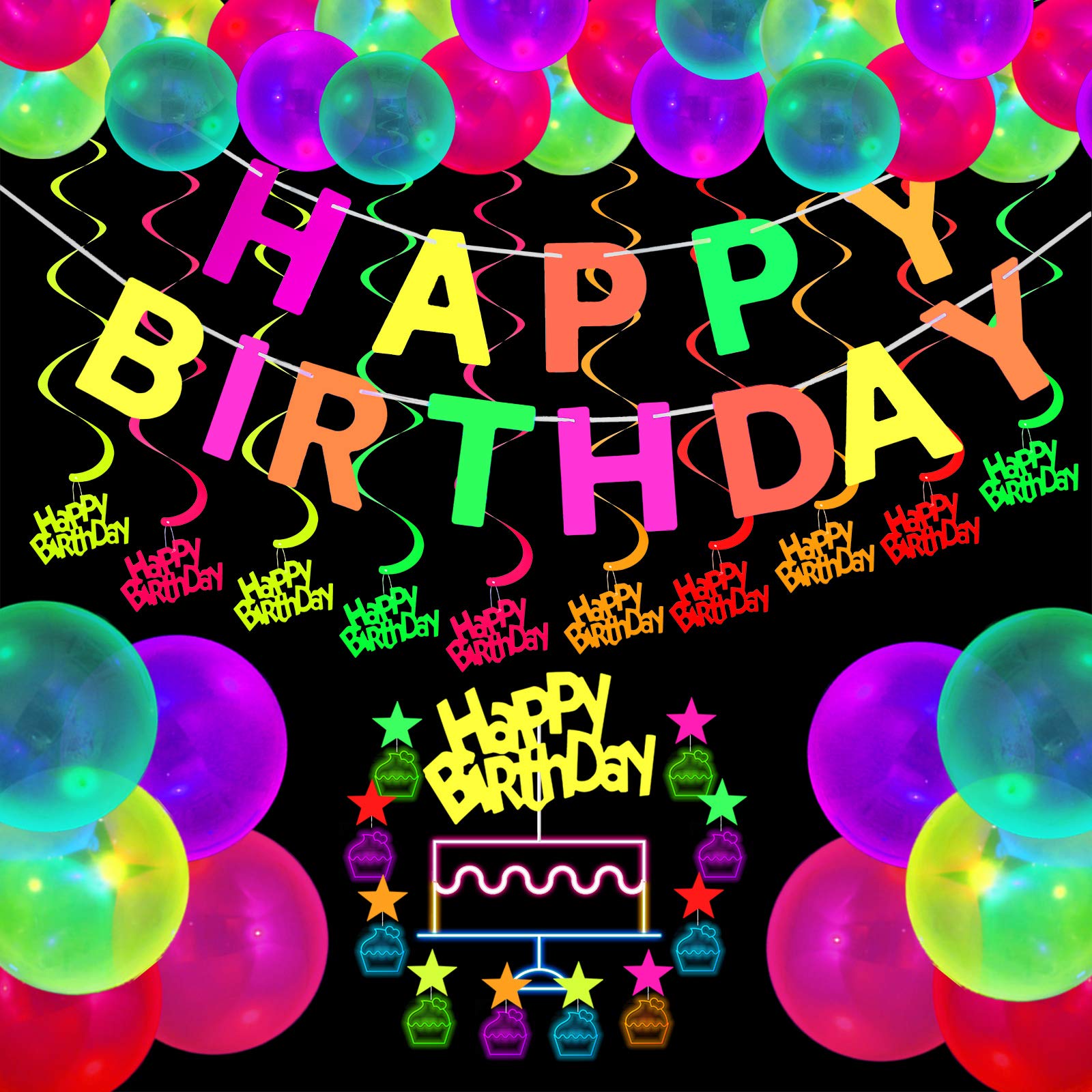 Sumind Glow Neon Party Supplies Set – UV Reactive Banner, Balloons & Toppers