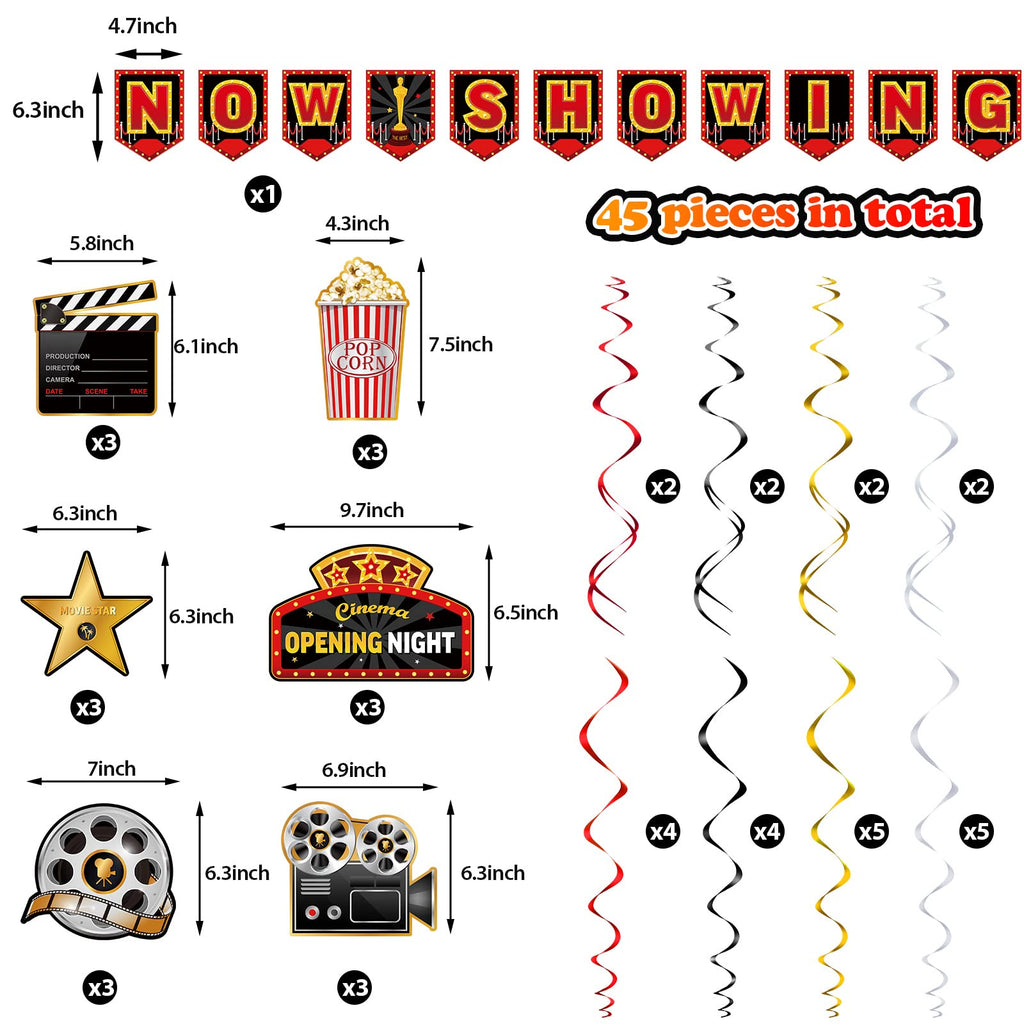Sumind 45-Piece Movie Night Decorations Kit – Now Showing Banner & Hanging Swirls for Parties