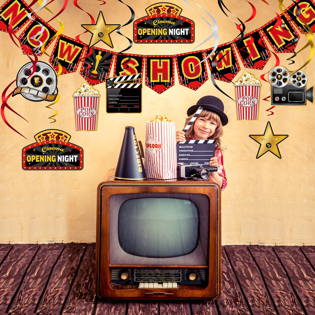 Sumind 45-Piece Movie Night Decorations Kit – Now Showing Banner & Hanging Swirls for Parties