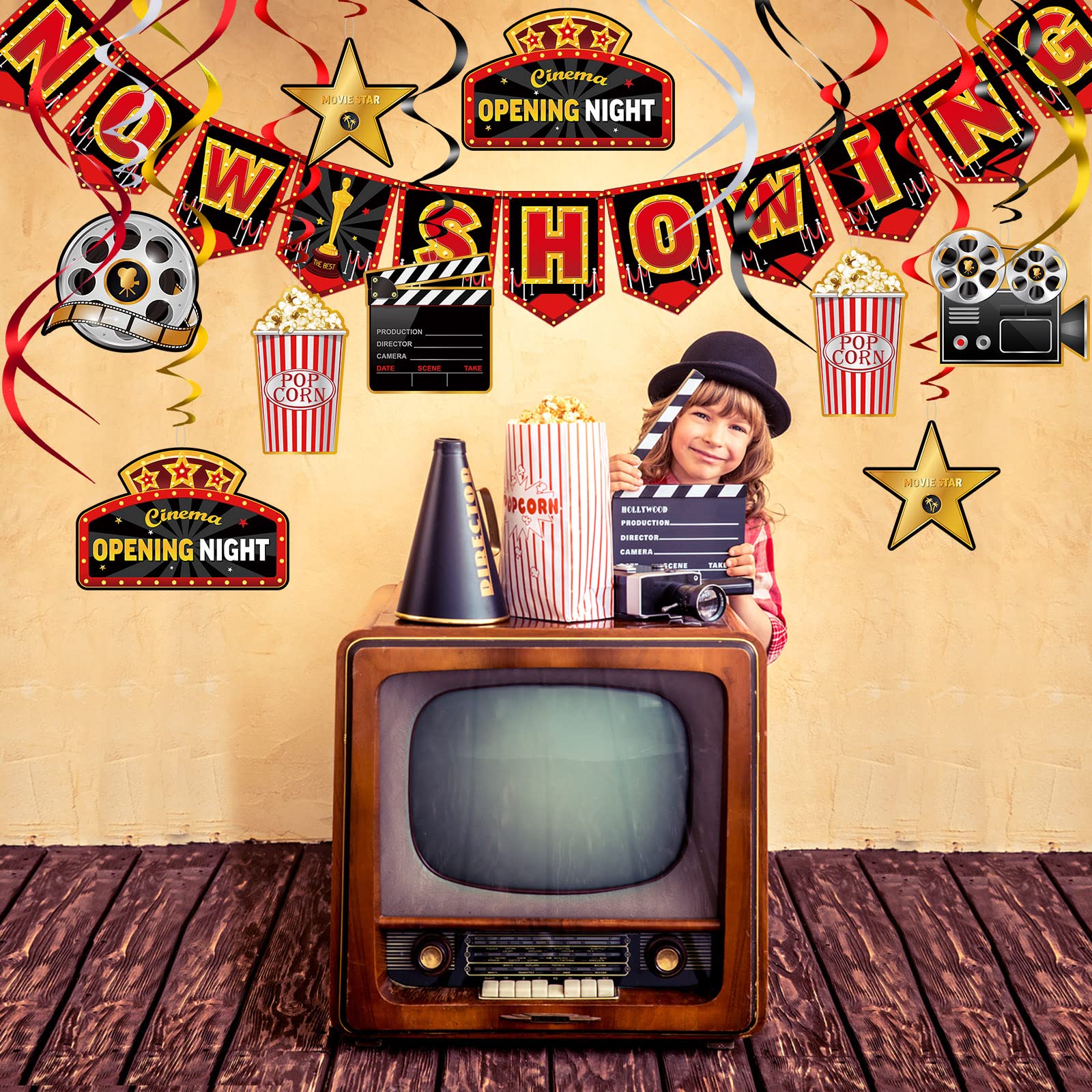 Sumind 45-Piece Movie Night Decorations Kit – Now Showing Banner & Hanging Swirls for Parties