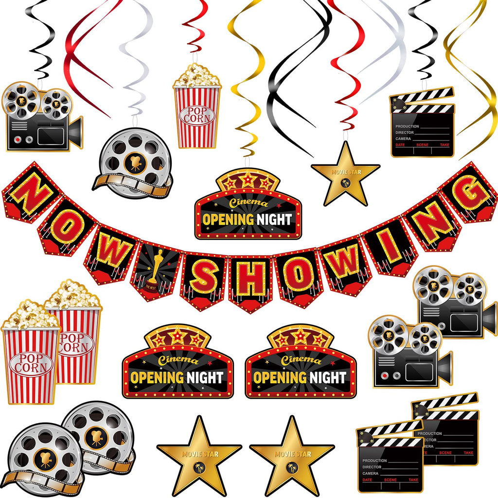 Sumind 45-Piece Movie Night Decorations Kit – Now Showing Banner & Hanging Swirls for Parties