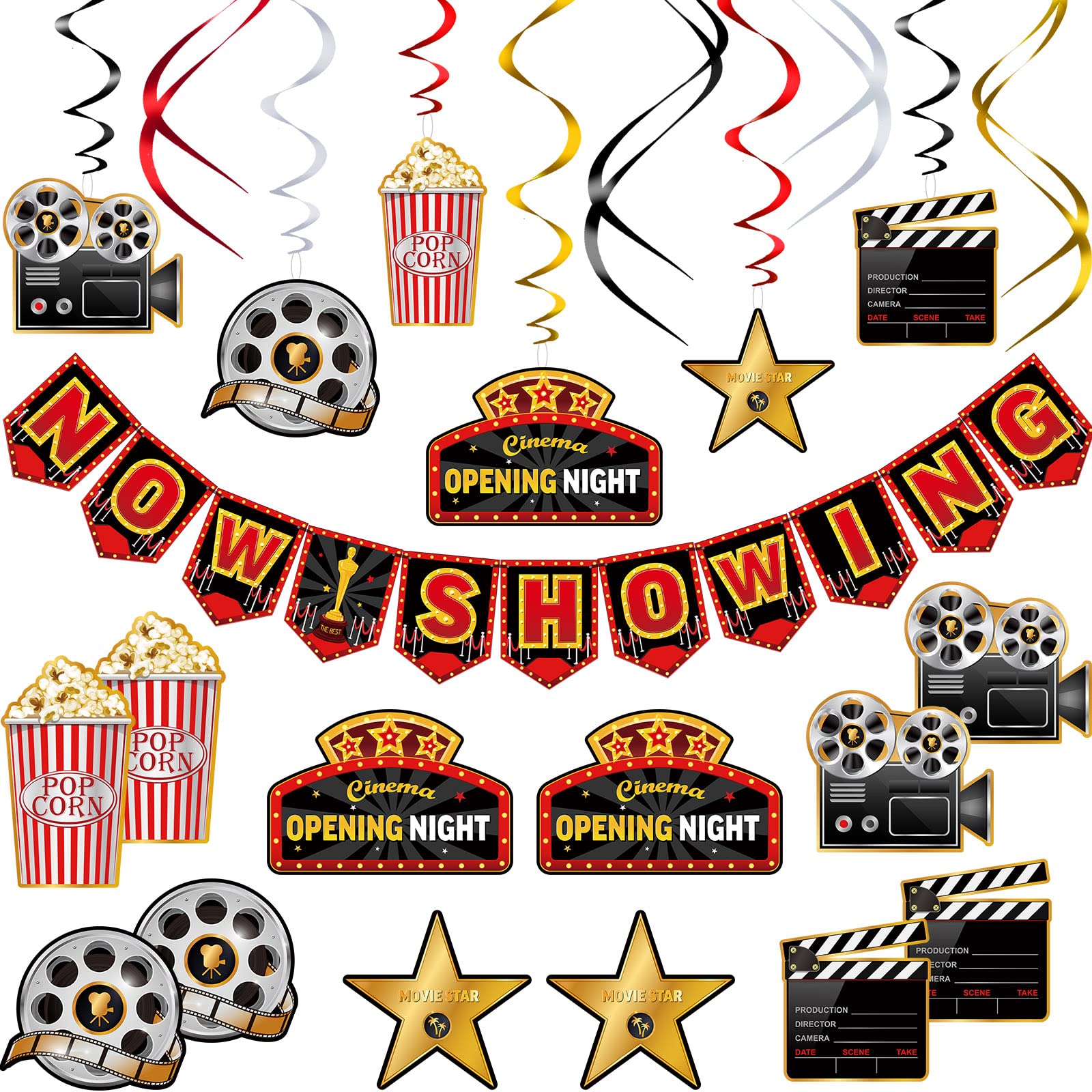 Sumind 45-Piece Movie Night Decorations Kit – Now Showing Banner & Hanging Swirls for Parties