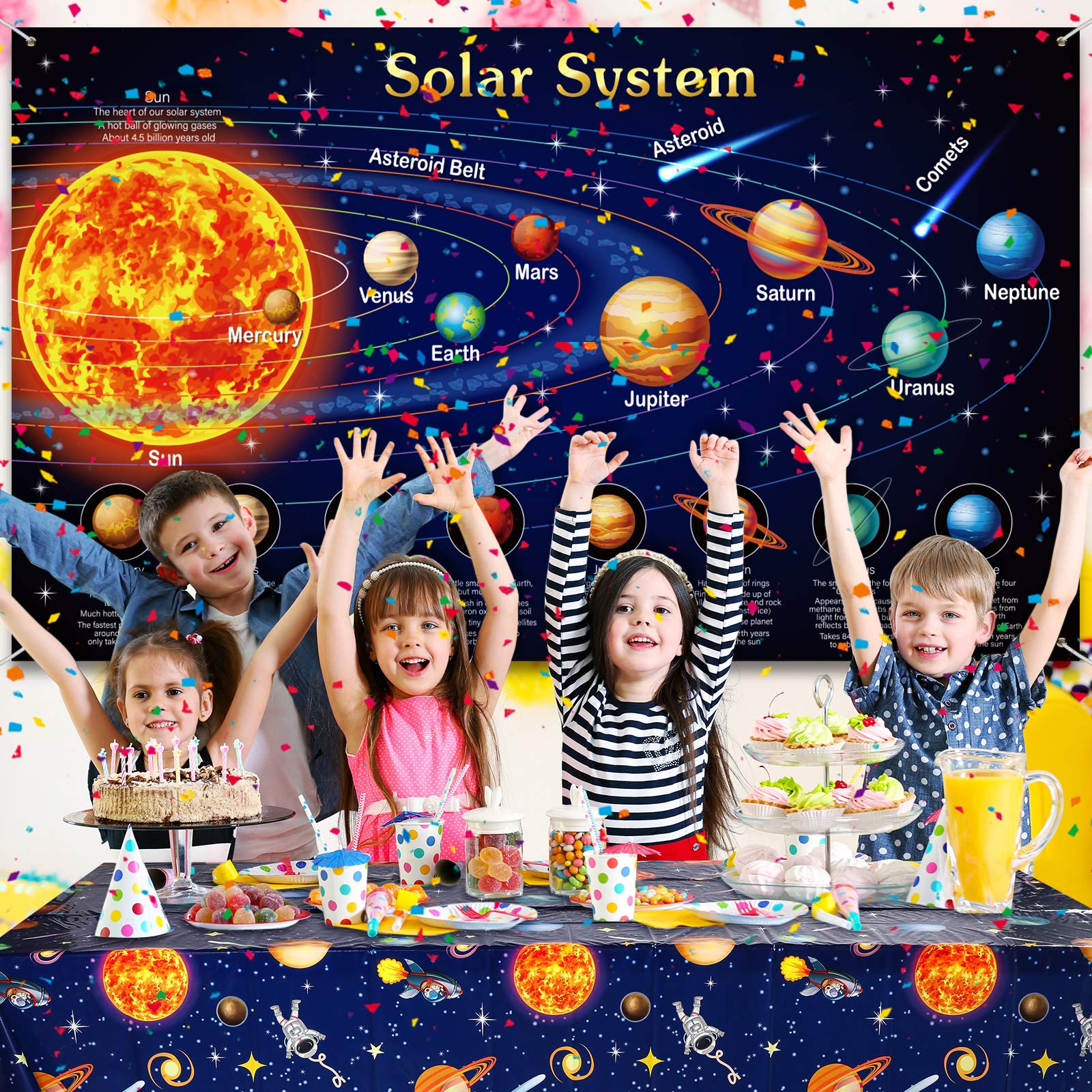 Sumind 3 Pieces Space Tablecloth Decorations – 54 x 108 Inches – Planet Design for Kids Space Theme Parties