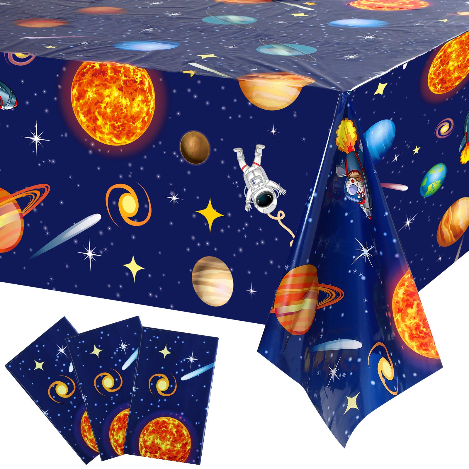 Sumind 3 Pieces Space Tablecloth Decorations – 54 x 108 Inches – Planet Design for Kids Space Theme Parties