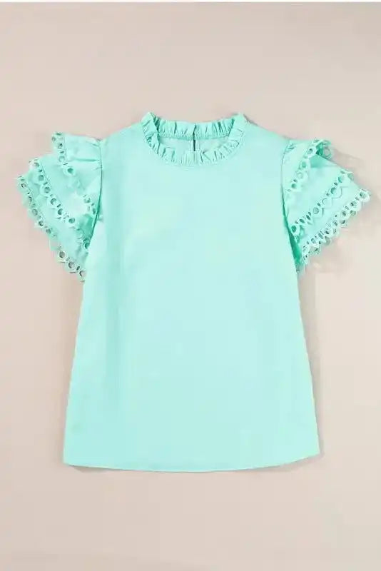 Mint Green Layered Cap Sleeve Frilled Neck Blouse Women UK