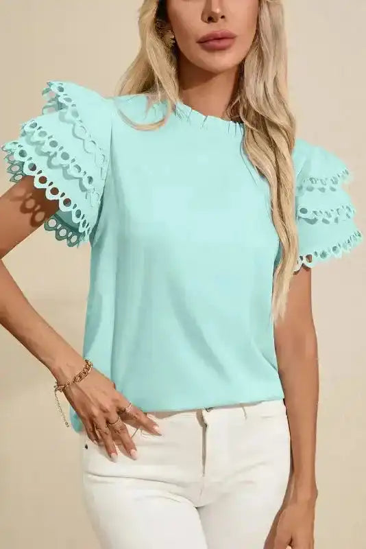 Mint Green Layered Cap Sleeve Frilled Neck Blouse Women UK