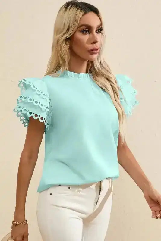 Mint Green Layered Cap Sleeve Frilled Neck Blouse Women UK