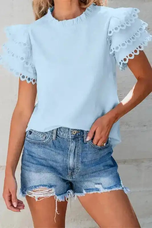 Mint Green Layered Cap Sleeve Frilled Neck Blouse Women UK