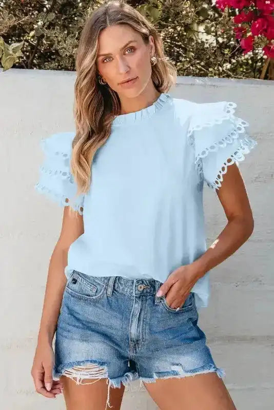 Mint Green Layered Cap Sleeve Frilled Neck Blouse Women UK