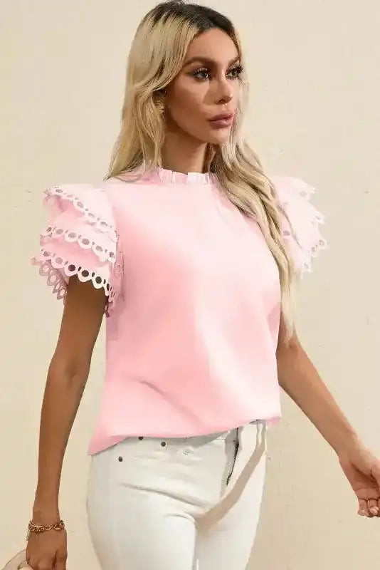 Mint Green Layered Cap Sleeve Frilled Neck Blouse Women UK