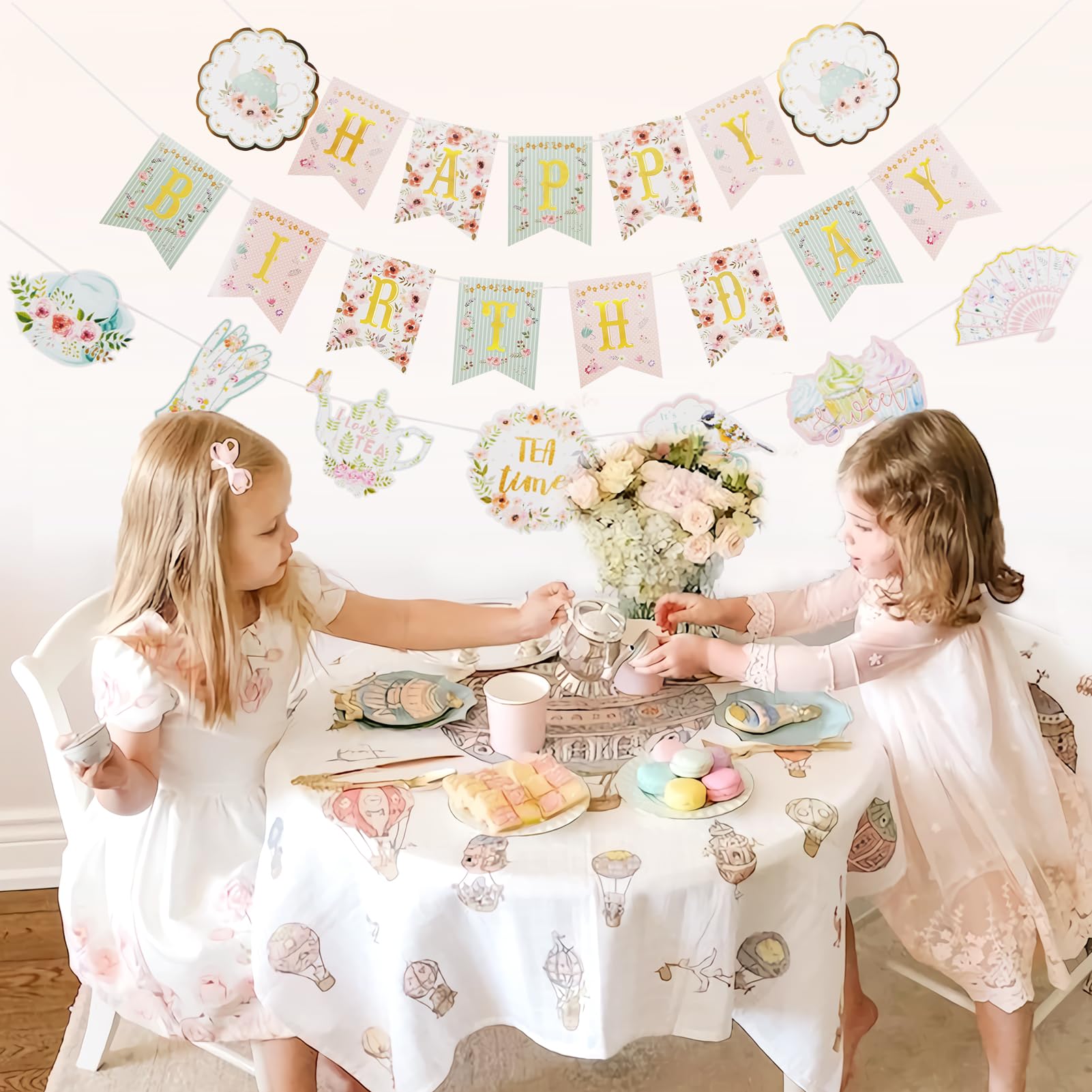 SUNBEAUTY Floral Tea Party Banner | Pre-Strung Happy Birthday Garland for Baby & Bridal Showers