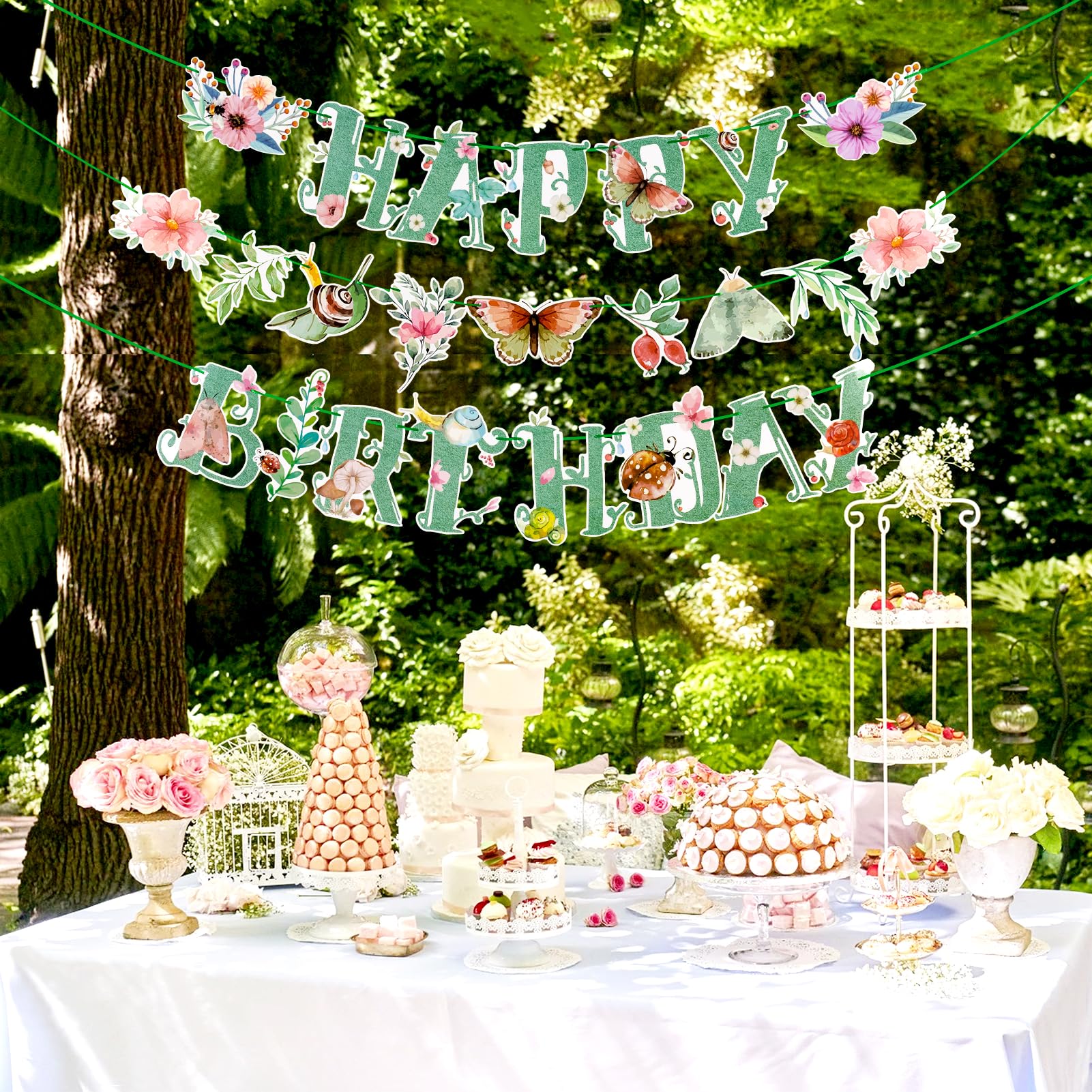 SUNBEAUTY Wildflower Happy Birthday Banner – Sage Green Floral Decor for Spring & Summer Parties | Pre-Strung