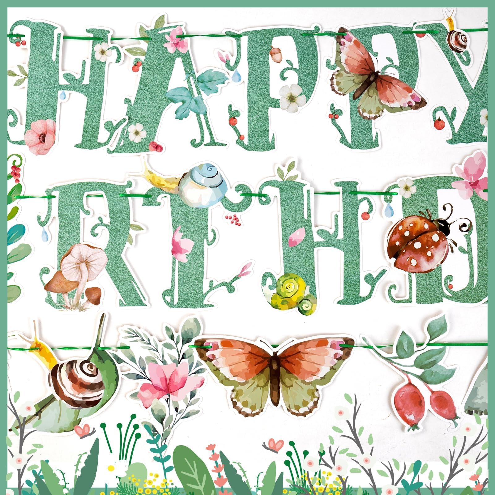 SUNBEAUTY Wildflower Happy Birthday Banner – Sage Green Floral Decor for Spring & Summer Parties | Pre-Strung