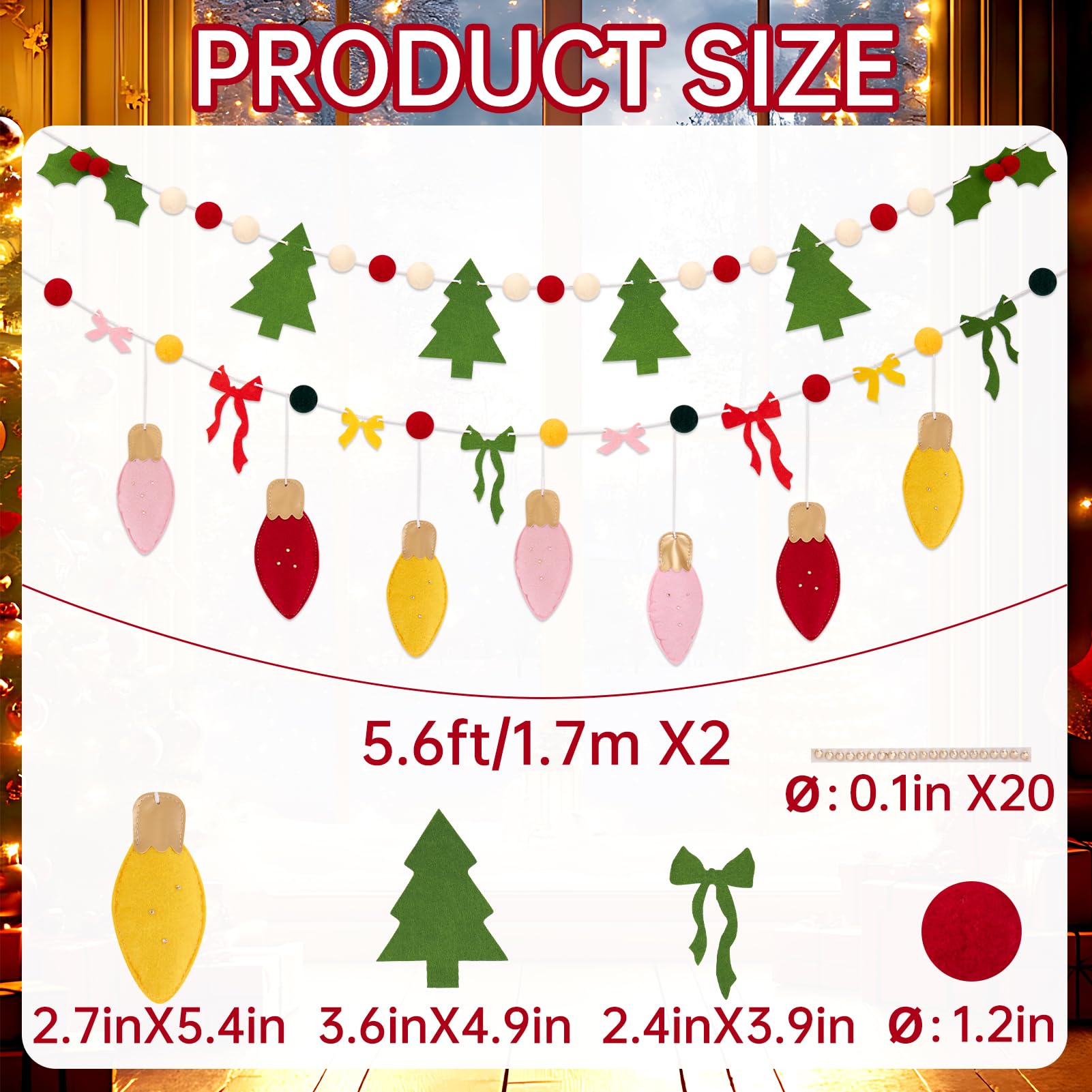 SUNBEAUTY Felt Christmas Garland – Red & Green Pom Poms, Double-Layer Wool Felt Decor Banner