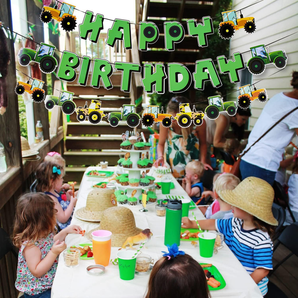 SUNBEAUTY Green Tractor Birthday Banner Set – Farm Party Garland, Pre-Strung