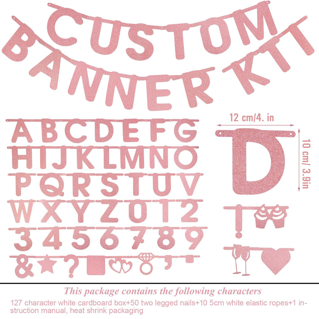 SUNBEAUTY 127 Pcs Rosegold Glitter DIY Banner – Customizable Letters & Symbols for Parties