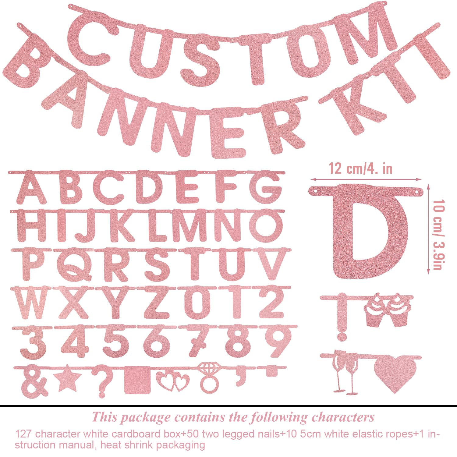 SUNBEAUTY 127 Pcs Rosegold Glitter DIY Banner – Customizable Letters & Symbols for Parties