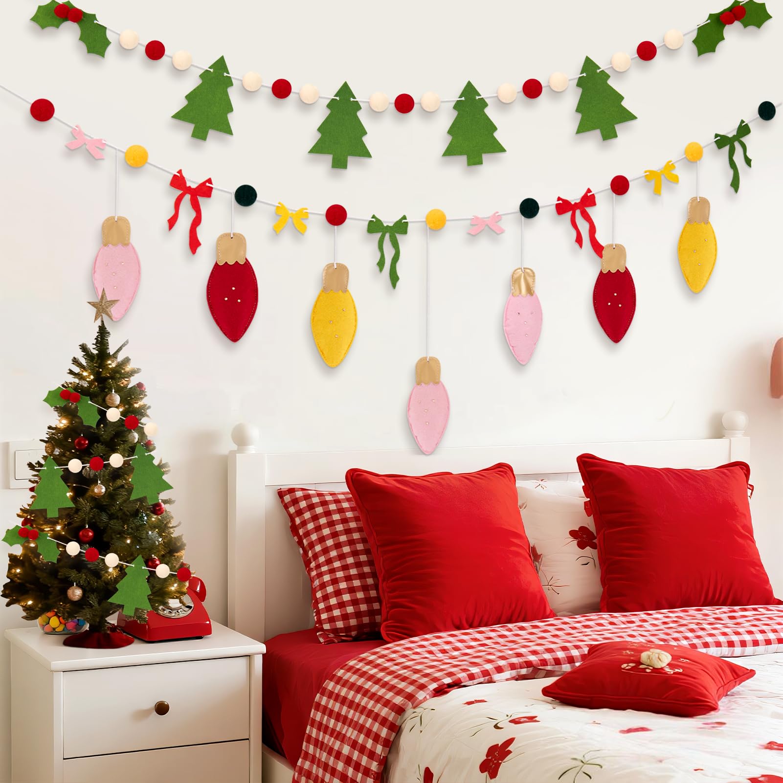 SUNBEAUTY Felt Christmas Garland – Red & Green Pom Poms, Double-Layer Wool Felt Decor Banner