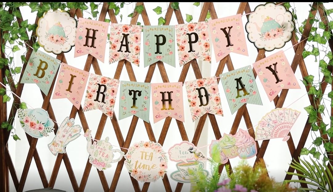 SUNBEAUTY Floral Tea Party Banner | Pre-Strung Happy Birthday Garland for Baby & Bridal Showers
