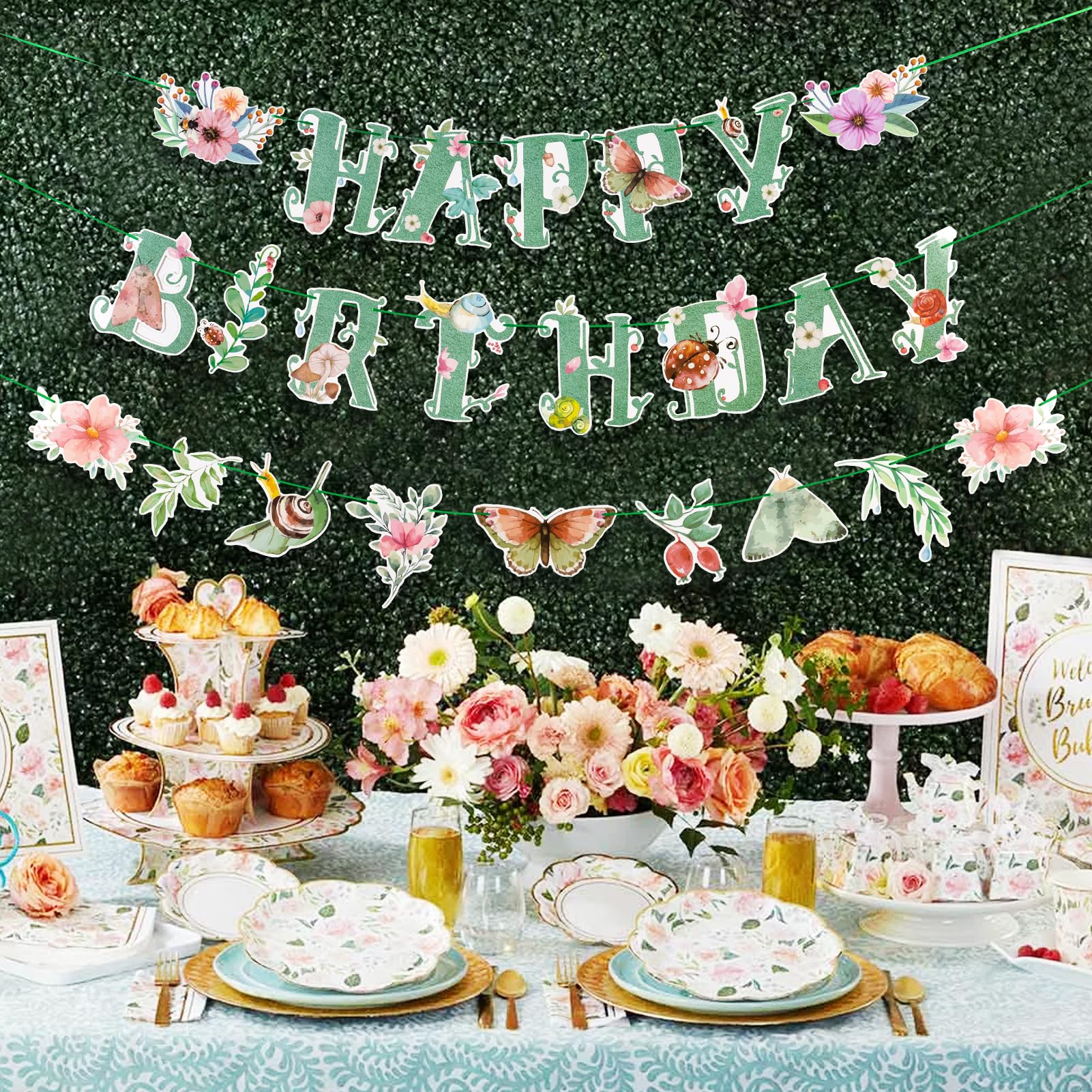 SUNBEAUTY Wildflower Happy Birthday Banner – Sage Green Floral Decor for Spring & Summer Parties | Pre-Strung