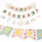 SUNBEAUTY Floral Tea Party Banner | Pre-Strung Happy Birthday Garland for Baby & Bridal Showers