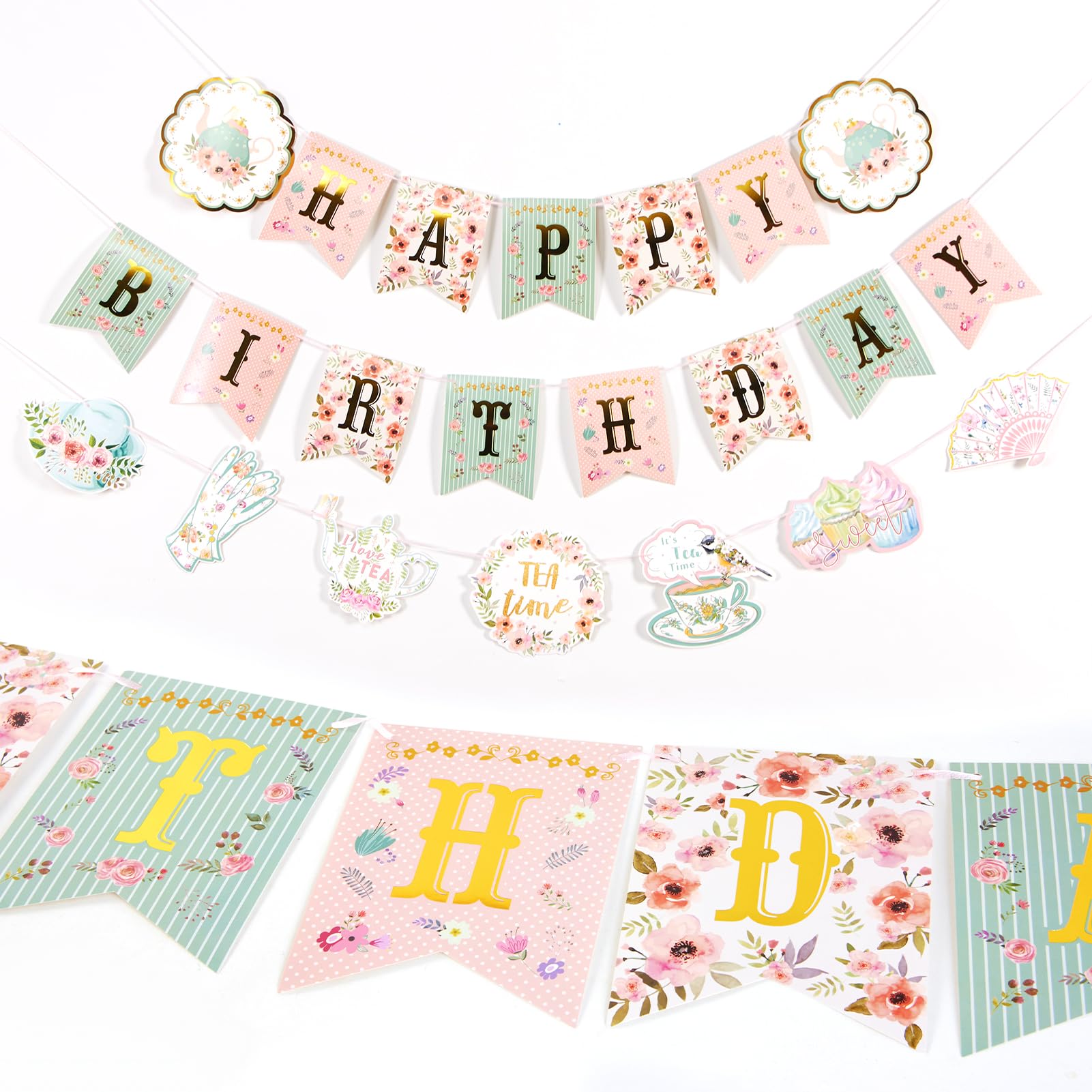 SUNBEAUTY Floral Tea Party Banner | Pre-Strung Happy Birthday Garland for Baby & Bridal Showers